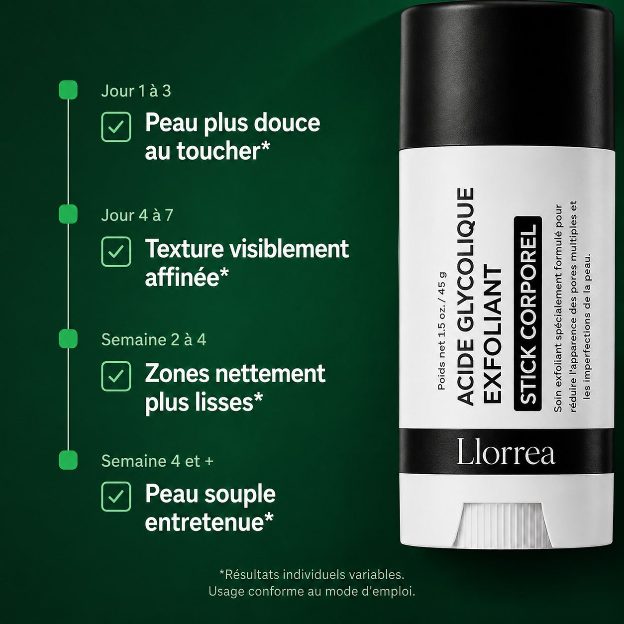 Llorrea — Stick Corps Lissant à l'Acide Glycolique 7%